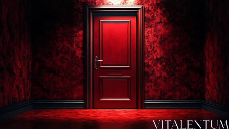 Red door glows in dark textured hallway with stark contrast