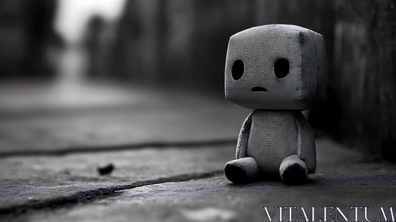 Small fabric robot toy sits alone on blurred urban ground