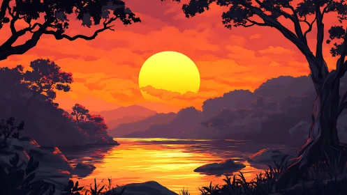 Digital sunset landscape depicts river, trees and distant hills