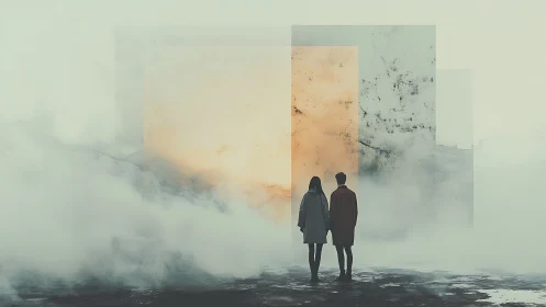 Fog-draped wanderers step toward glowing geometric gateways