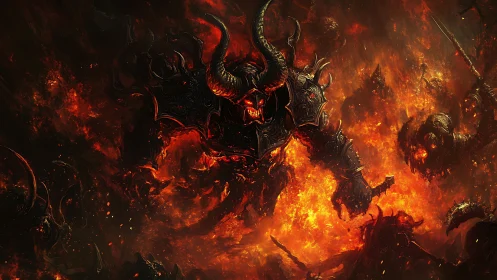 Infernal warlord strides through molten chaos and shadowed fire.
