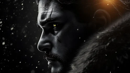 Cinematic warrior profile in dramatic low key side lighting.