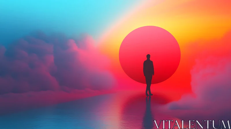 Silhouette figure stands before large red sun on water