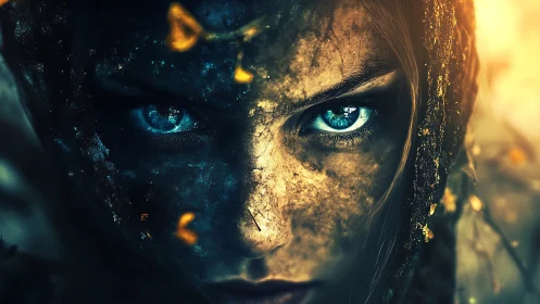 Storm-eyed forest guardian staring through wildfire dusk.