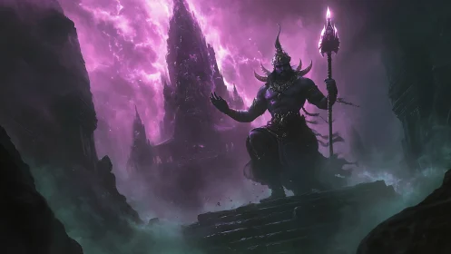 Demonic warlord ascends obsidian steps under violet storm.