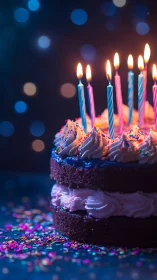 Illuminated Birthday Cake with Lit Candles and Confetti Bokeh