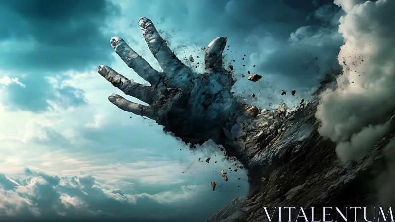 Colossal stone hand shatters skyward from a crumbling cliff.