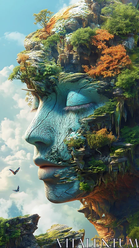 Serene stone face merged with floating cliffs and trees.