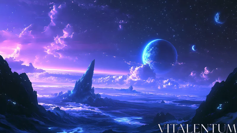 Spectral exoplanet seascape with crystalline spire horizon.