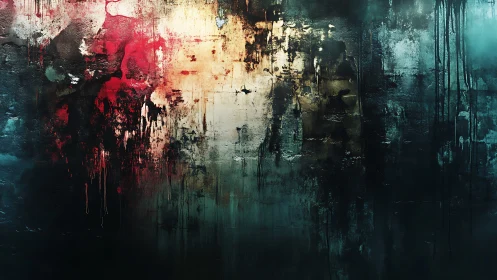 Abstract urban wall with red, teal, and light dripped paint.