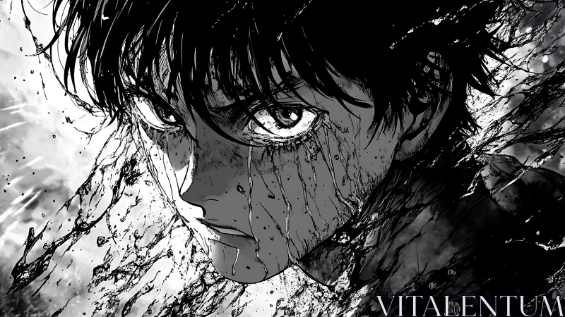 Intense manga boy portrait surrounded by dynamic ink splashes