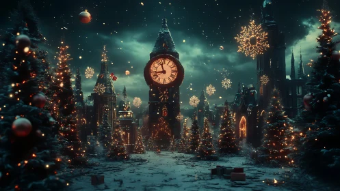 Clock tower in winter city square with festive lighting.