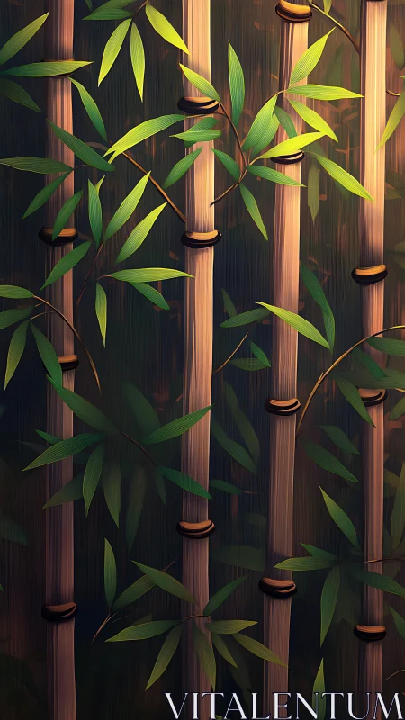 Slender bamboo columns under warm directional backlight.