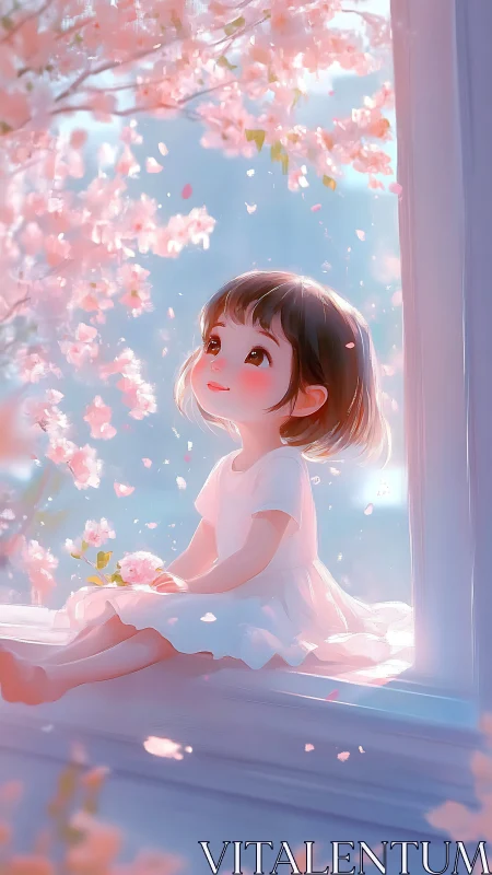 Soft spring light kisses a daydreaming child among blossoms