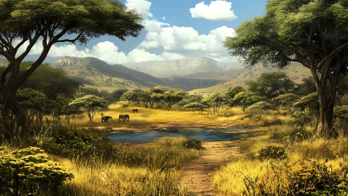 Golden African Valley with Elephants and Mountain Vista Landscape