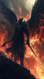 Winged dark knight stands over fiery battlefield in armor.