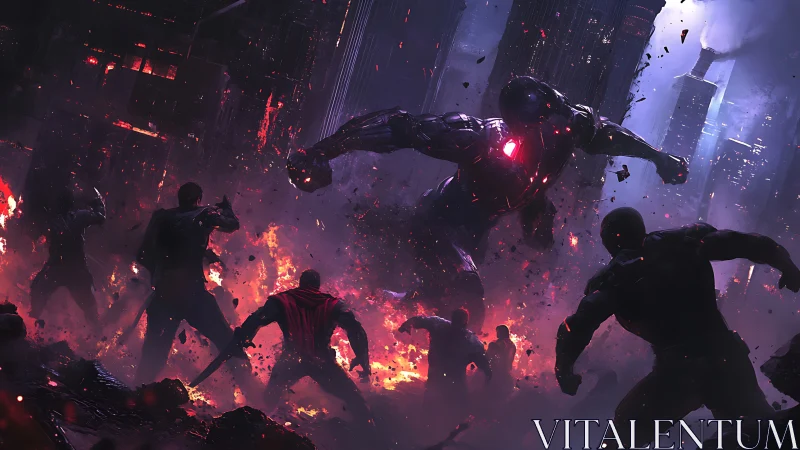 Armored mech battling soldiers in burning cityscape.