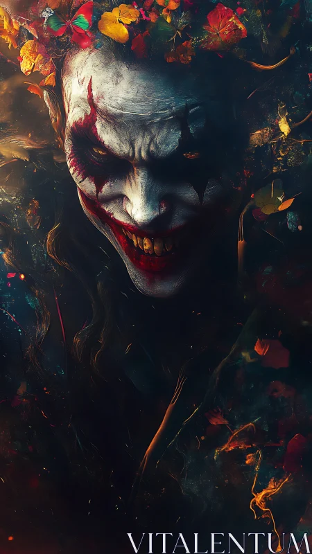 Enigmatic clown in fiery florals and swirling shadows.