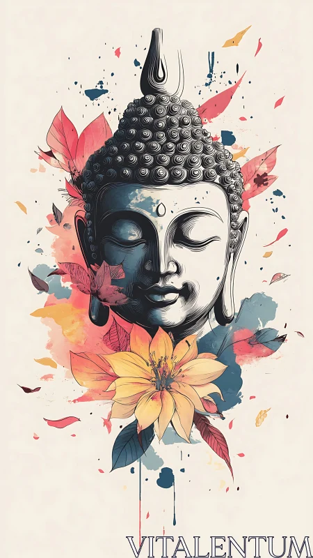 Tranquil Buddha portrait with blooming watercolor florals.