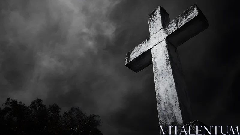 Monochrome stone cross ascends against turbulent night sky