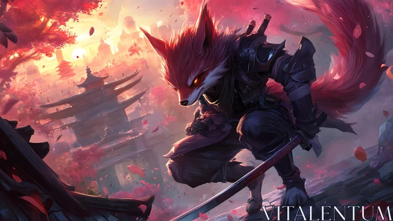 Fox-blade vigil in a storm of cherry blossom twilight.