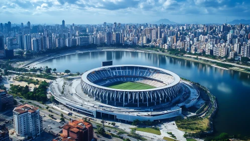 Modern circular stadium dominates lakeside urban skyline
