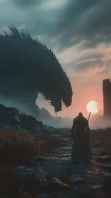 Armored wanderer confronts colossal dragon at blood-red dusk.