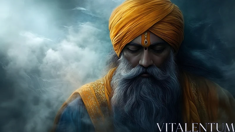 Mystic elder portrait in saffron turban, cinematic fog depth