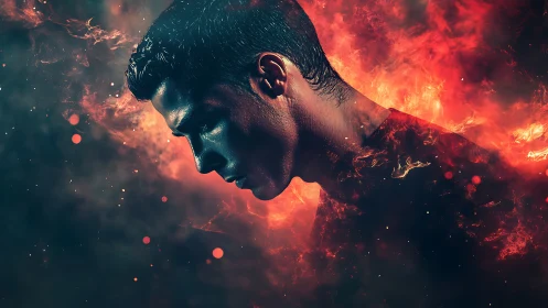 Male profile silhouette in red and teal digital flames.