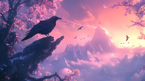 Raven silhouette on cliff amid magenta sakura and aurora sky