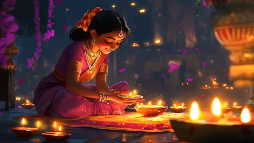 Luminous diya ritual with child in saturated festive chromatics.