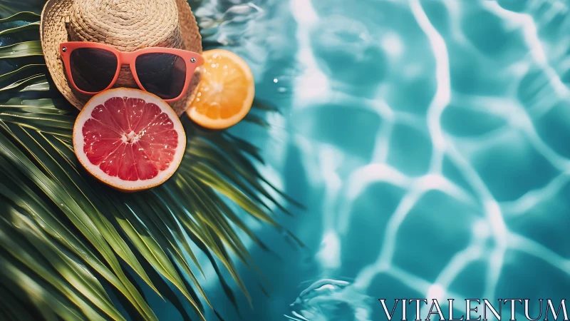 Summer poolside still life with citrus, straw hat and palm fronds