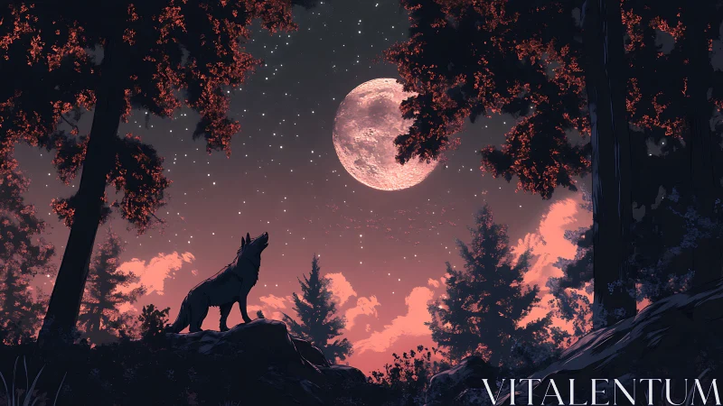 Wolf silhouette under full moon in dense conifer forest.