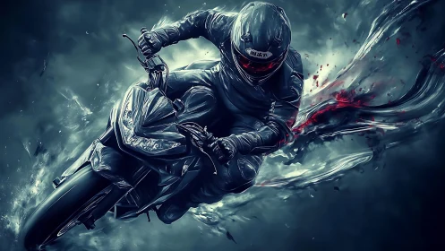 Motorcyclist cuts through smoky night in dynamic motion