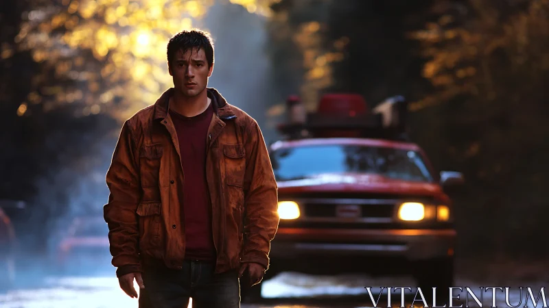 Young man on wet forest road before red pickup truck.