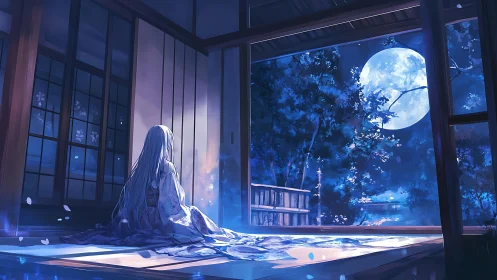 Girl in kimono gazes toward full moon beyond open shoji