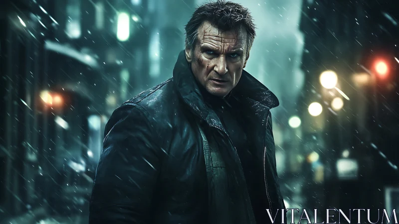 Weathered vigilante in cinematic neon-lit urban snowfall