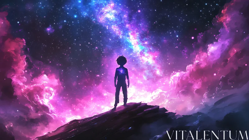 Stargazing dreamer standing beneath a glowing cosmic sky.