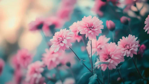 Pink dahlias with shallow depth of field and teal foliage
