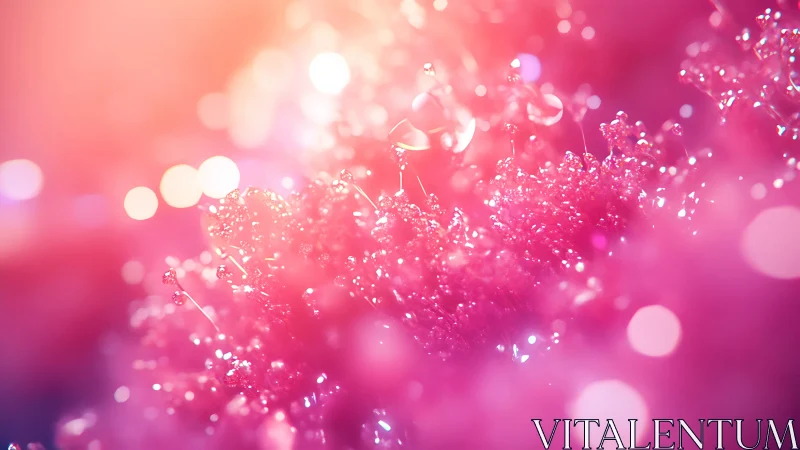 Pink macro bokeh with dewdrops in soft glowing light.