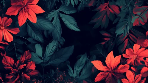 High-contrast digital foliage with red florals on deep teal field.