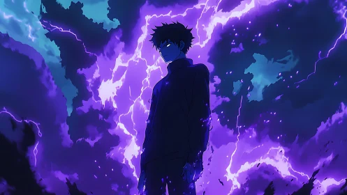 Electrified anime figure amid violet plasma storm clouds