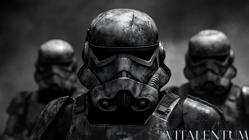 Steel sentinels march forward through smoky monochrome dread