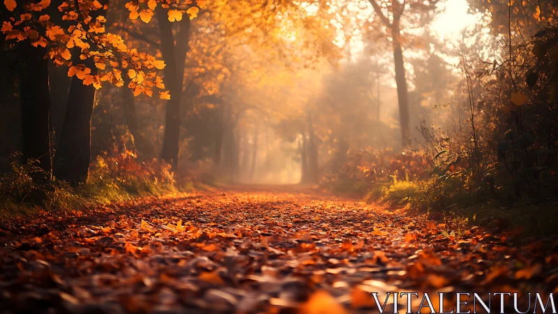 Golden Autumn Forest Path Glowing with Warm Sunlight