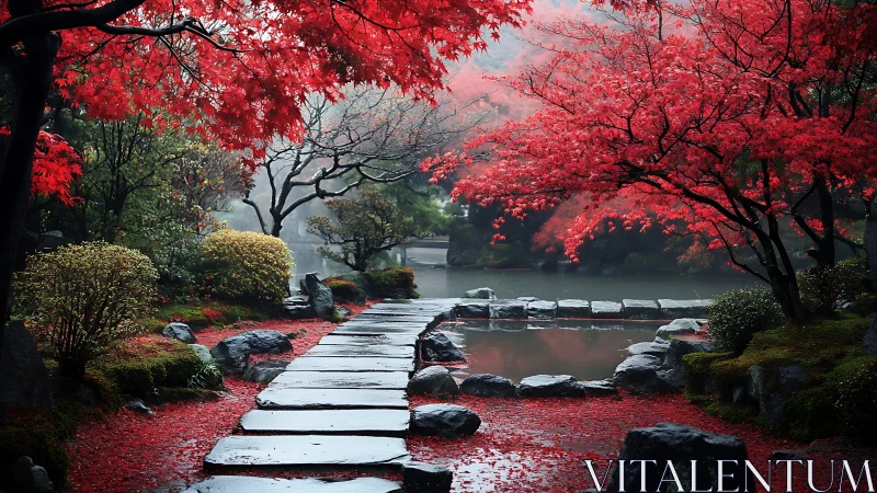 Autumnal stone path through misted Japanese maple garden.