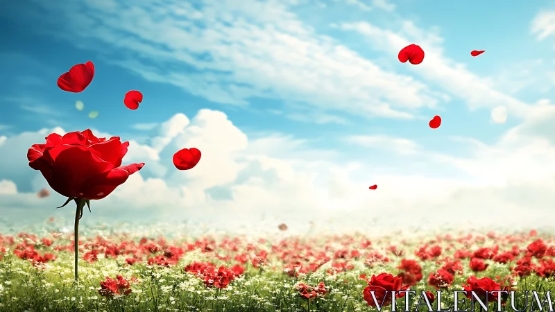 Red poppies in field with floating petals against blue sky.