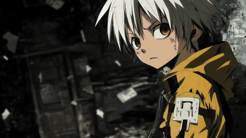 Defiant anime boy in yellow jacket dominates a ruined alleyway