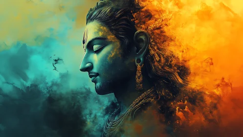 Divine profile merges with teal and orange cosmic clouds