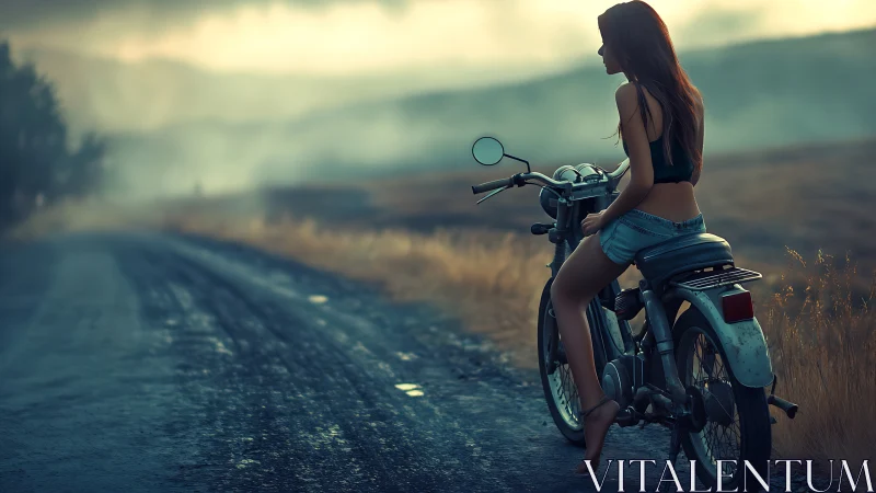 Woman sits on motorcycle beside rural road at dusk