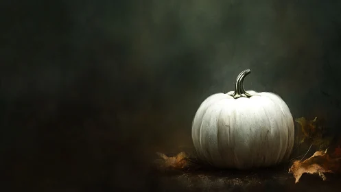 White pumpkin still life on dark textured background.